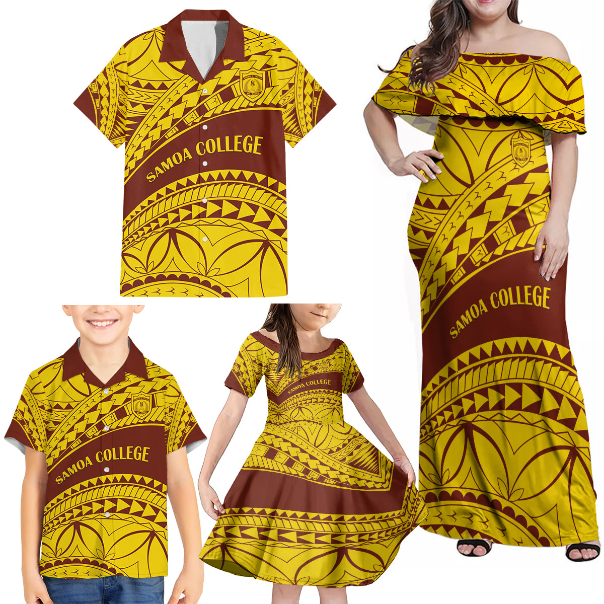 Personalised Samoa College Family Matching Off Shoulder Maxi Dress and Hawaiian Shirt Samoan Pattern LT14 - Polynesian Pride