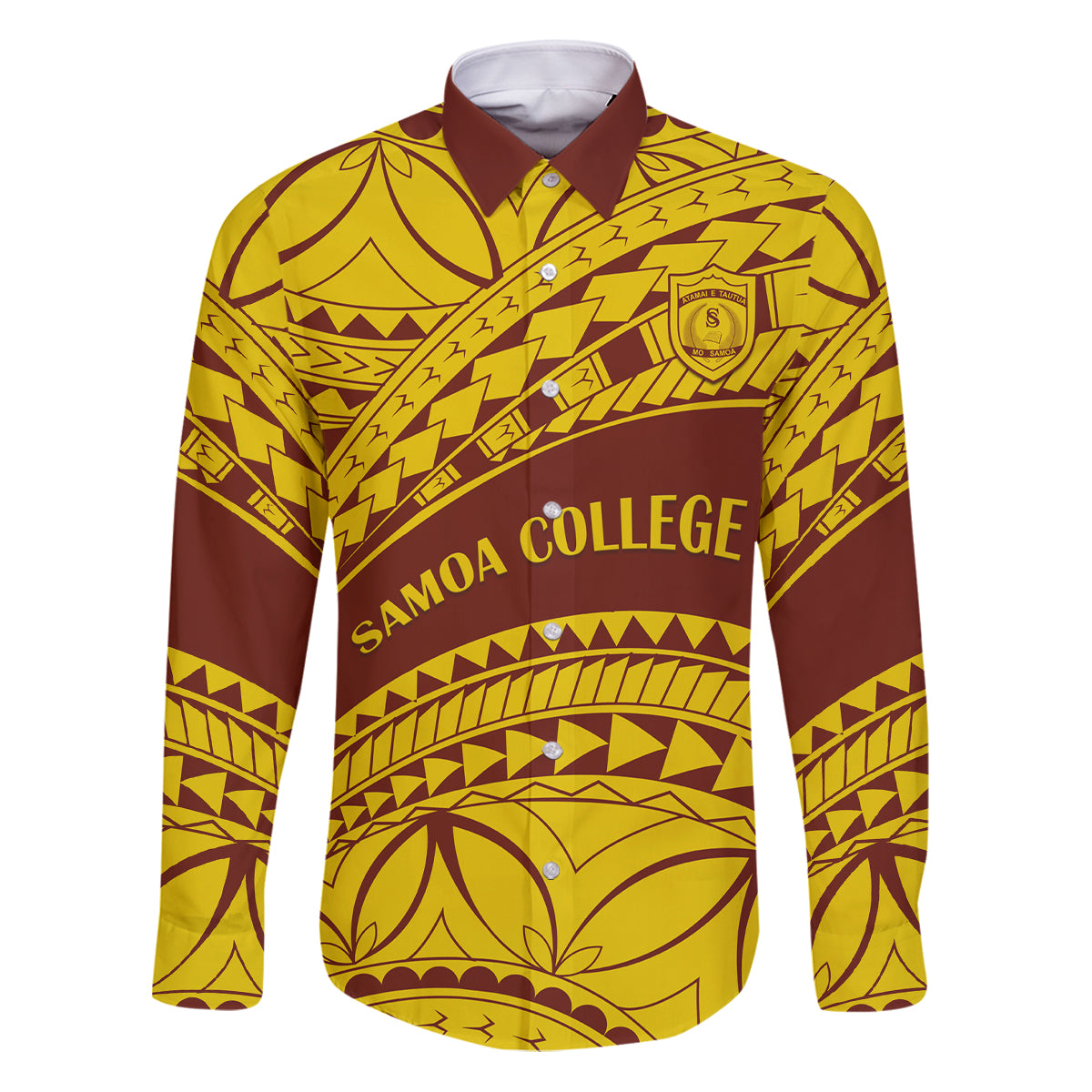 Personalised Samoa College Family Matching Puletasi Dress and Hawaiian Shirt Samoan Pattern LT14 Dad's Shirt - Long Sleeve Gold - Polynesian Pride