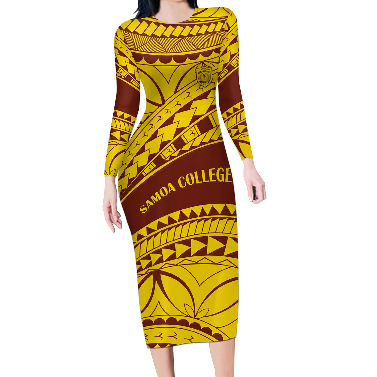 Personalised Samoa College Long Sleeve Bodycon Dress Samoan Pattern LT14 Long Dress Gold - Polynesian Pride