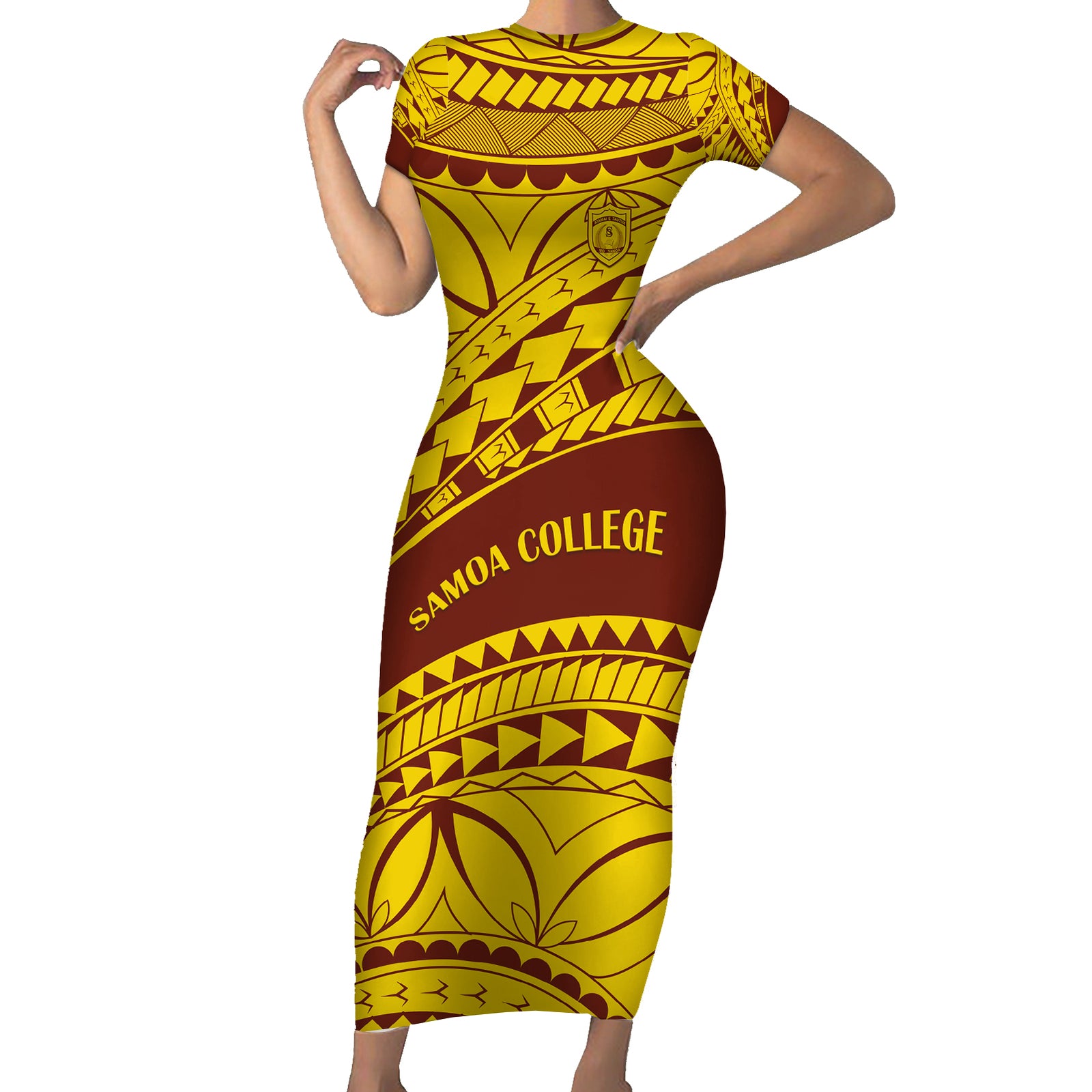 Personalised Samoa College Short Sleeve Bodycon Dress Samoan Pattern LT14 Long Dress Gold - Polynesian Pride