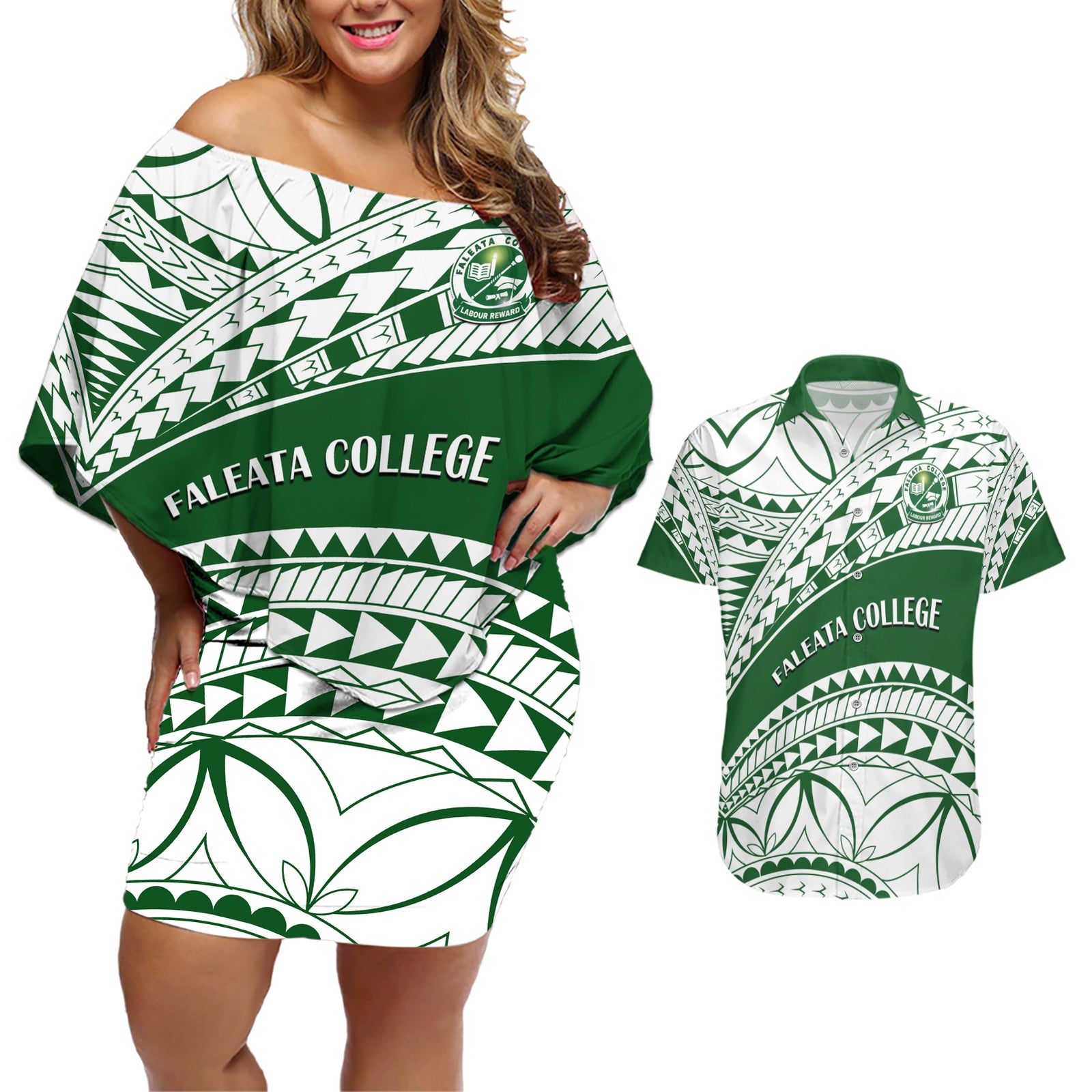Personalised Samoa Faleata College Couples Matching Off Shoulder Short Dress and Hawaiian Shirt Samoan Pattern LT14 Green - Polynesian Pride