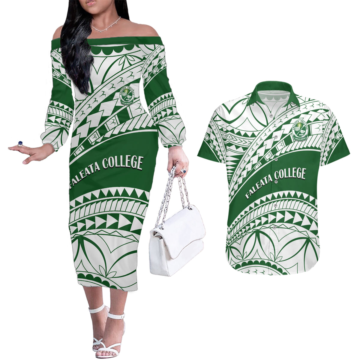 Personalised Samoa Faleata College Couples Matching Off The Shoulder Long Sleeve Dress and Hawaiian Shirt Samoan Pattern LT14 Green - Polynesian Pride