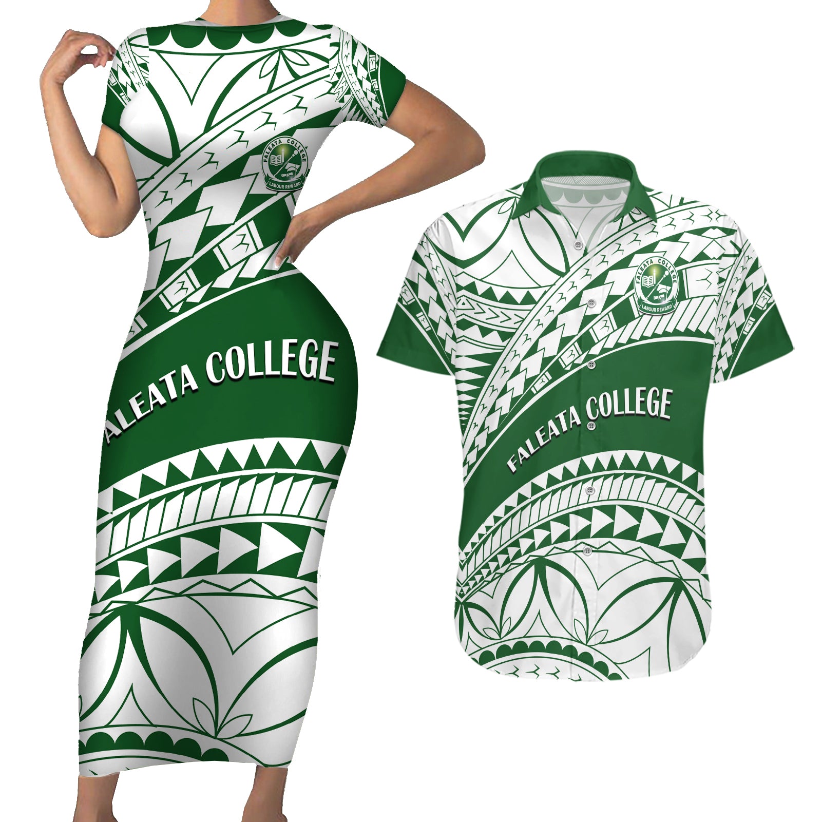 Personalised Samoa Faleata College Couples Matching Short Sleeve Bodycon Dress and Hawaiian Shirt Samoan Pattern LT14 Green - Polynesian Pride