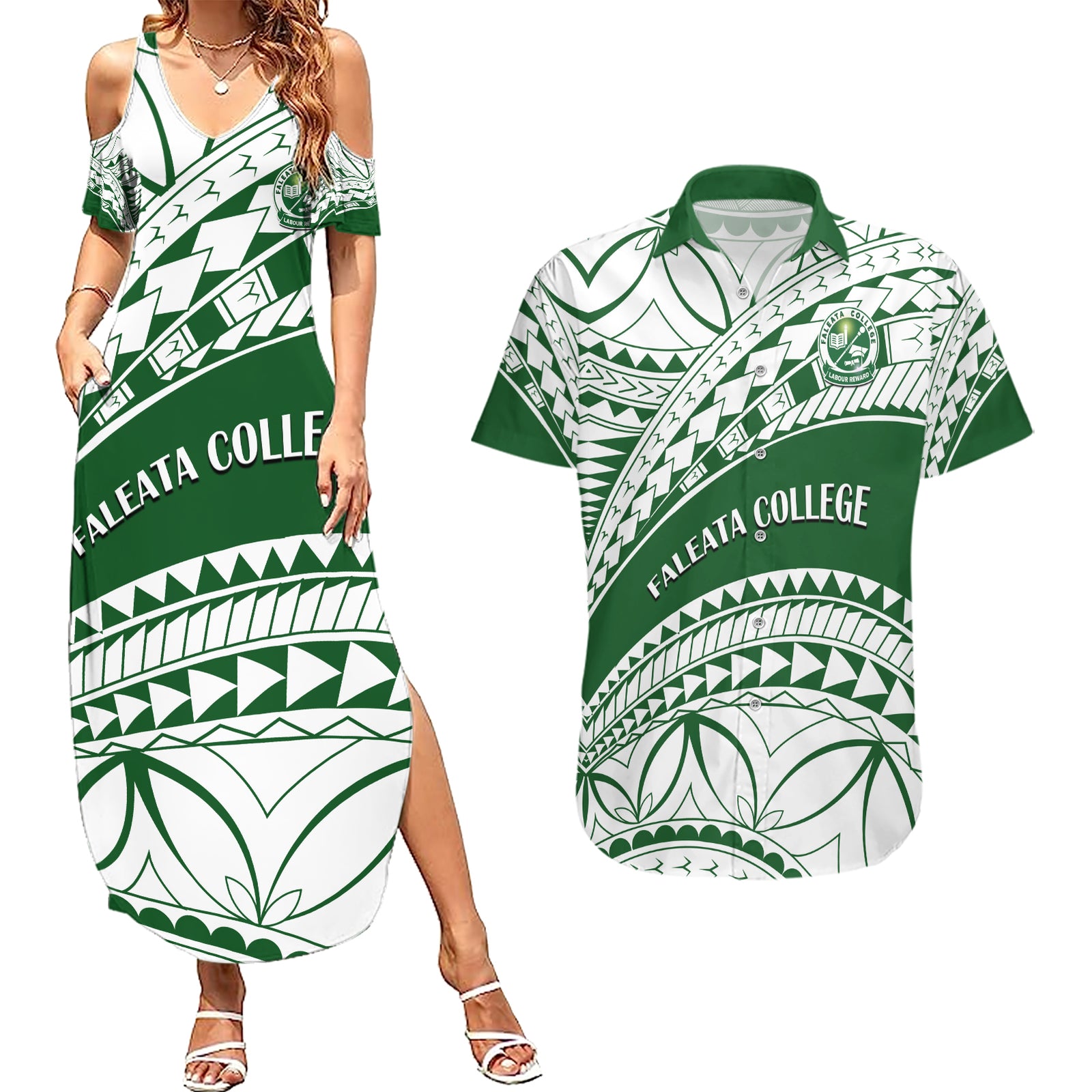 Personalised Samoa Faleata College Couples Matching Summer Maxi Dress and Hawaiian Shirt Samoan Pattern LT14 Green - Polynesian Pride