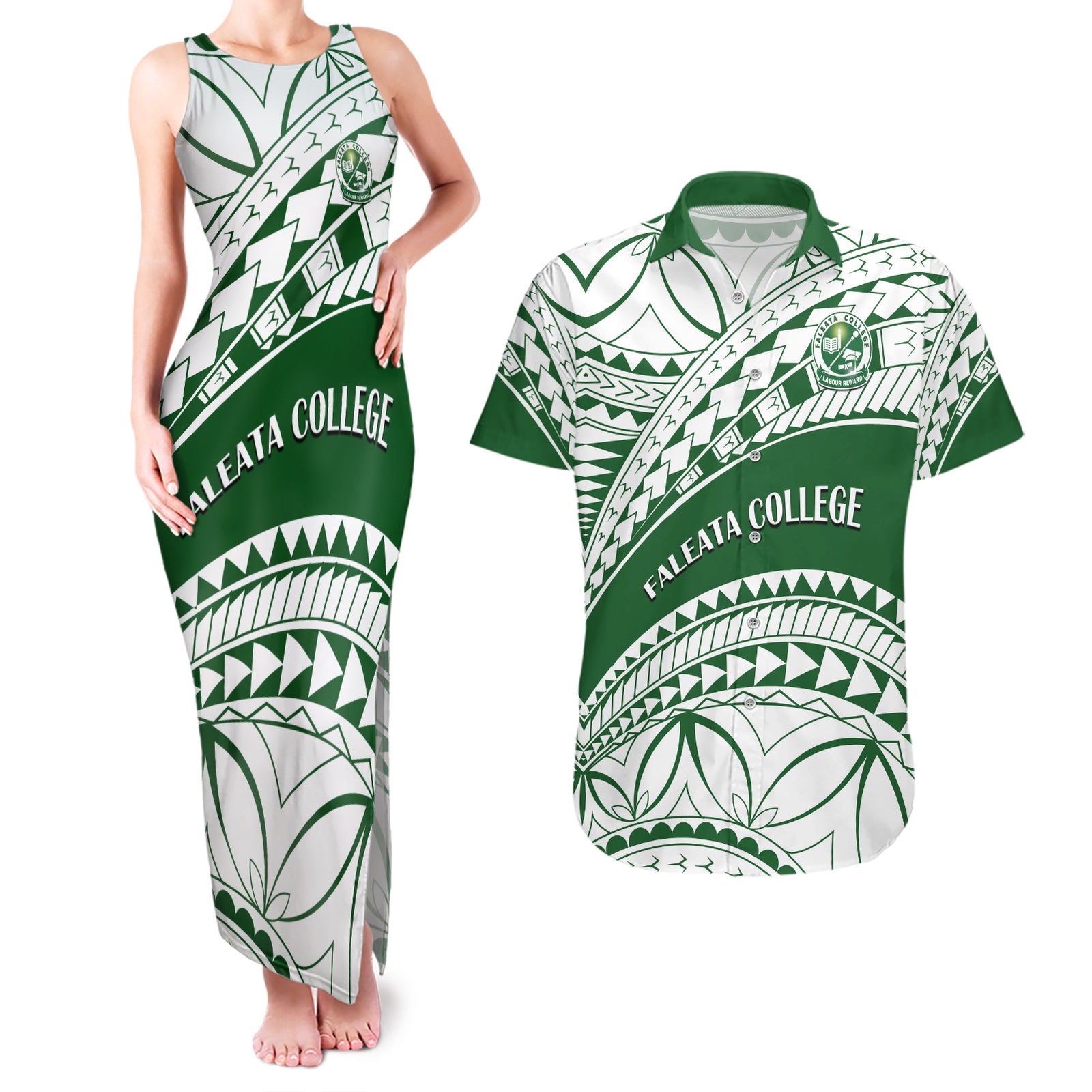 Personalised Samoa Faleata College Couples Matching Tank Maxi Dress and Hawaiian Shirt Samoan Pattern LT14 Green - Polynesian Pride