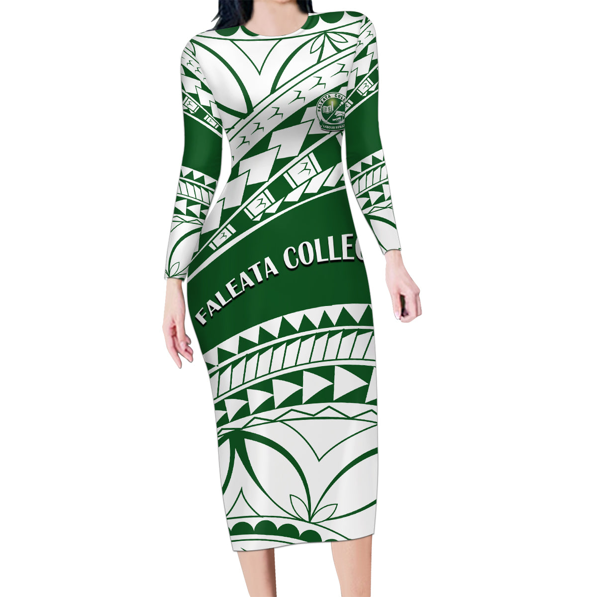 Personalised Samoa Faleata College Family Matching Long Sleeve Bodycon Dress and Hawaiian Shirt Samoan Pattern LT14 Mom's Dress Green - Polynesian Pride