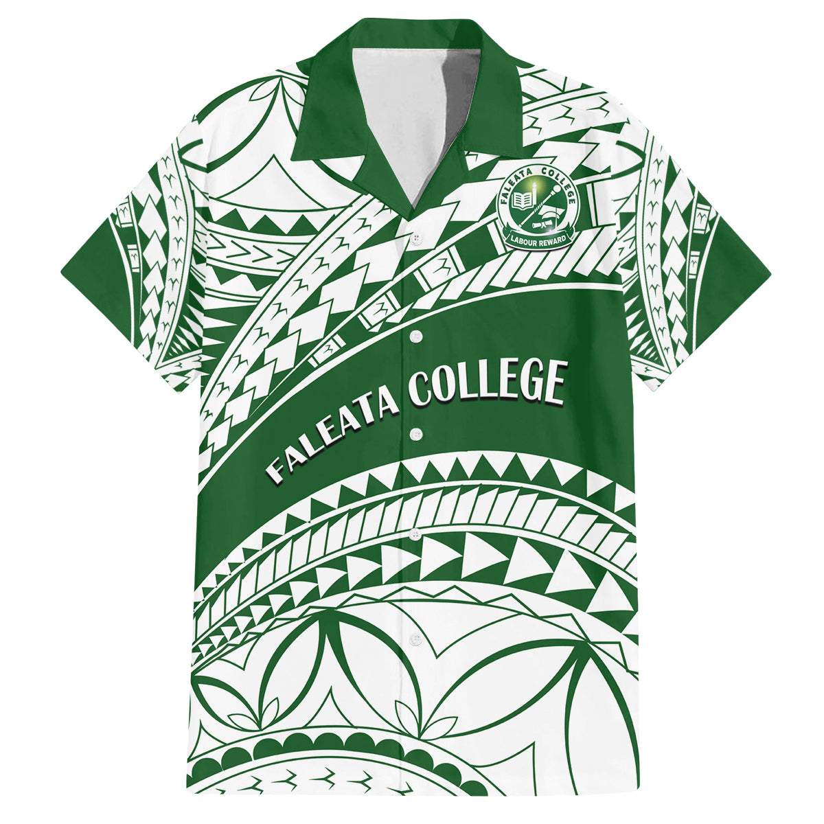 Personalised Samoa Faleata College Family Matching Off Shoulder Long Sleeve Dress and Hawaiian Shirt Samoan Pattern LT14 Dad's Shirt - Short Sleeve Green - Polynesian Pride