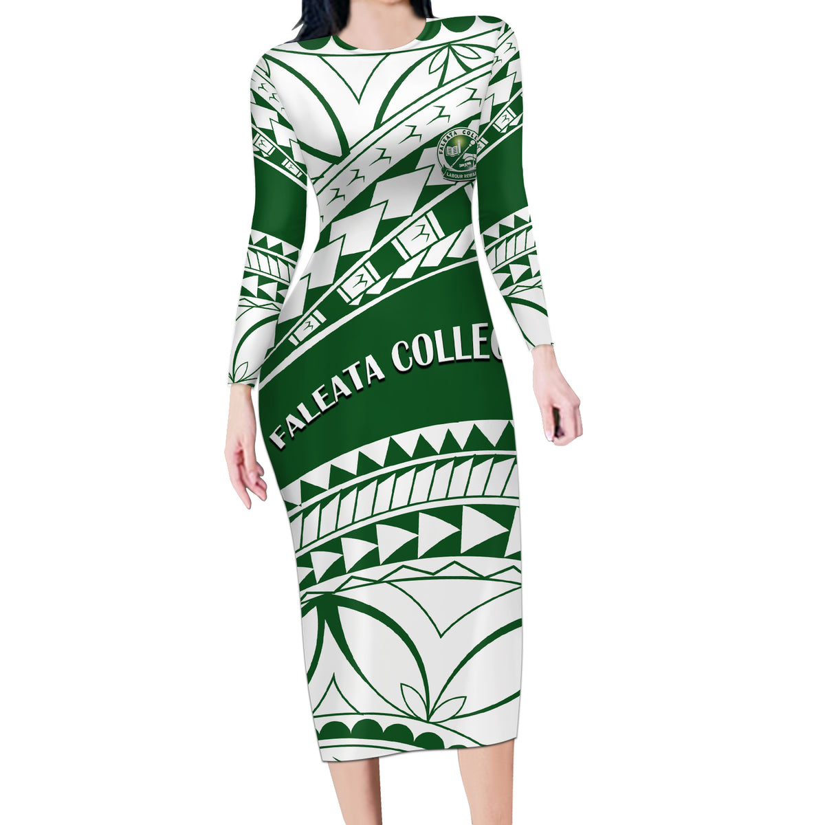 Personalised Samoa Faleata College Long Sleeve Bodycon Dress Samoan Pattern LT14 Long Dress Green - Polynesian Pride