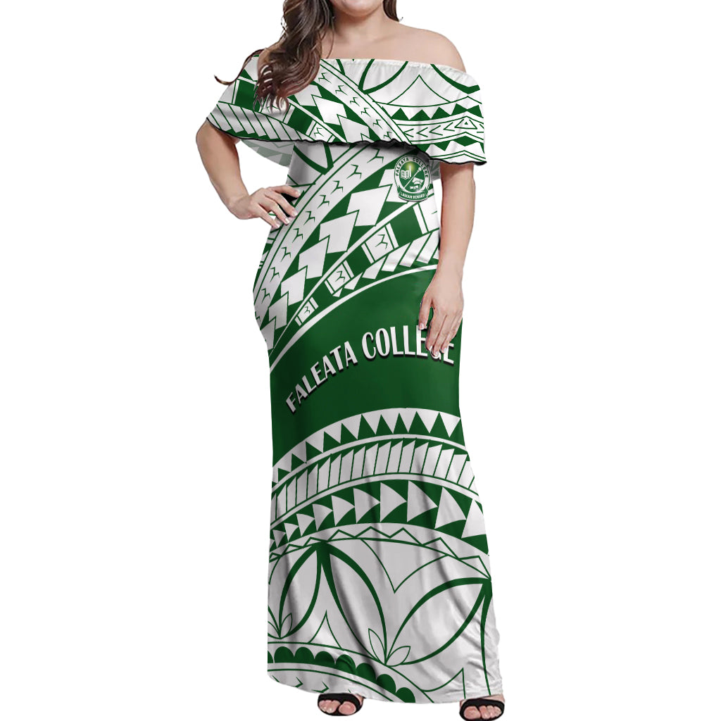 Personalised Samoa Faleata College Off Shoulder Maxi Dress Samoan Pattern LT14 Women Green - Polynesian Pride