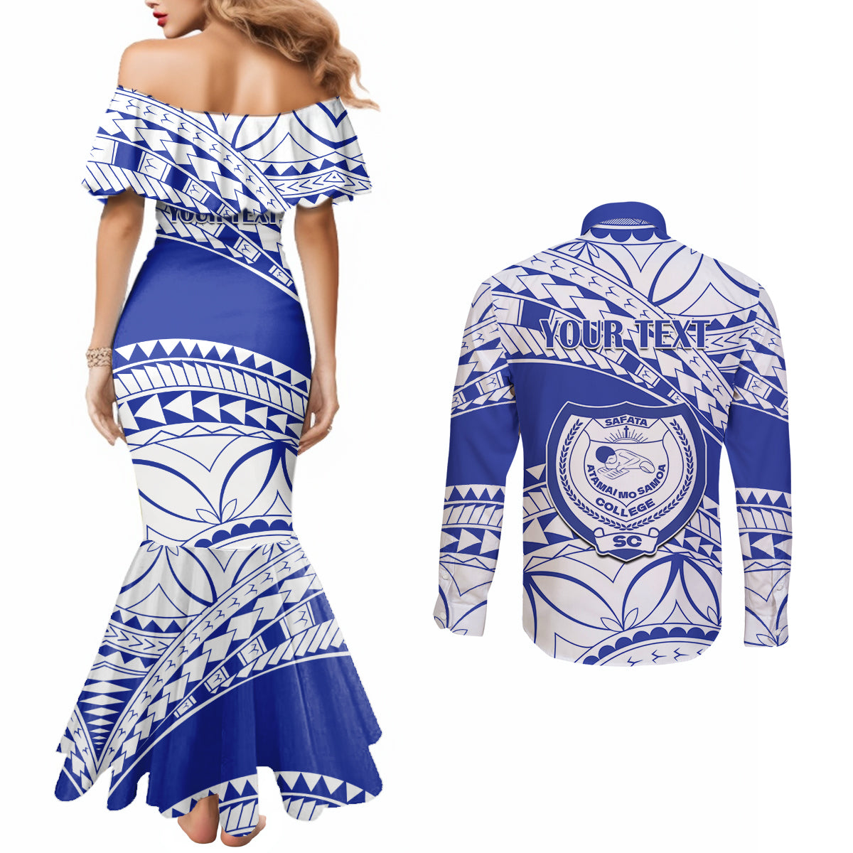 Personalised Samoa Safata College Couples Matching Mermaid Dress and Long Sleeve Button Shirt Samoan Pattern LT14 - Polynesian Pride