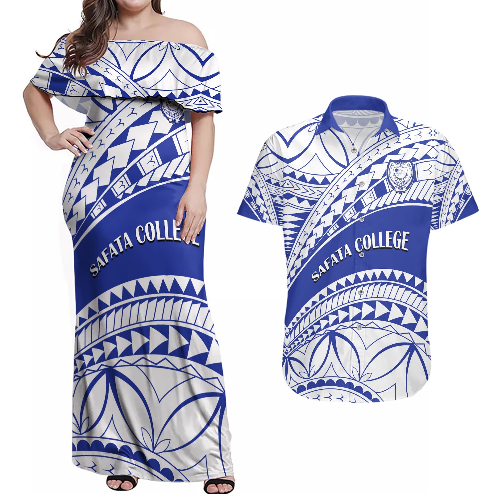 Personalised Samoa Safata College Couples Matching Off Shoulder Maxi Dress and Hawaiian Shirt Samoan Pattern LT14 Blue - Polynesian Pride