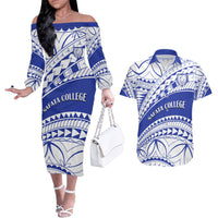 Personalised Samoa Safata College Couples Matching Off The Shoulder Long Sleeve Dress and Hawaiian Shirt Samoan Pattern LT14 Blue - Polynesian Pride