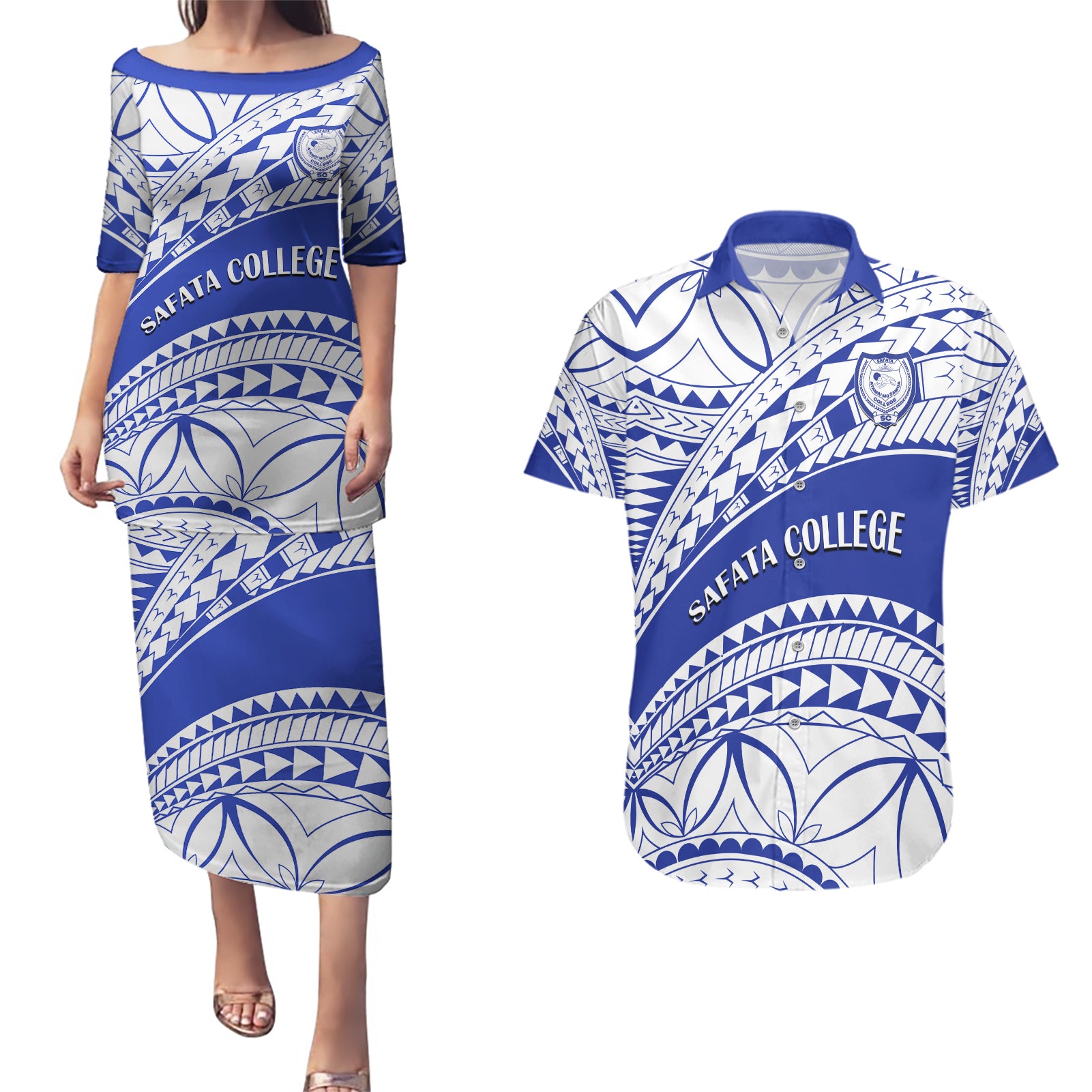 Personalised Samoa Safata College Couples Matching Puletasi Dress and Hawaiian Shirt Samoan Pattern LT14 Blue - Polynesian Pride