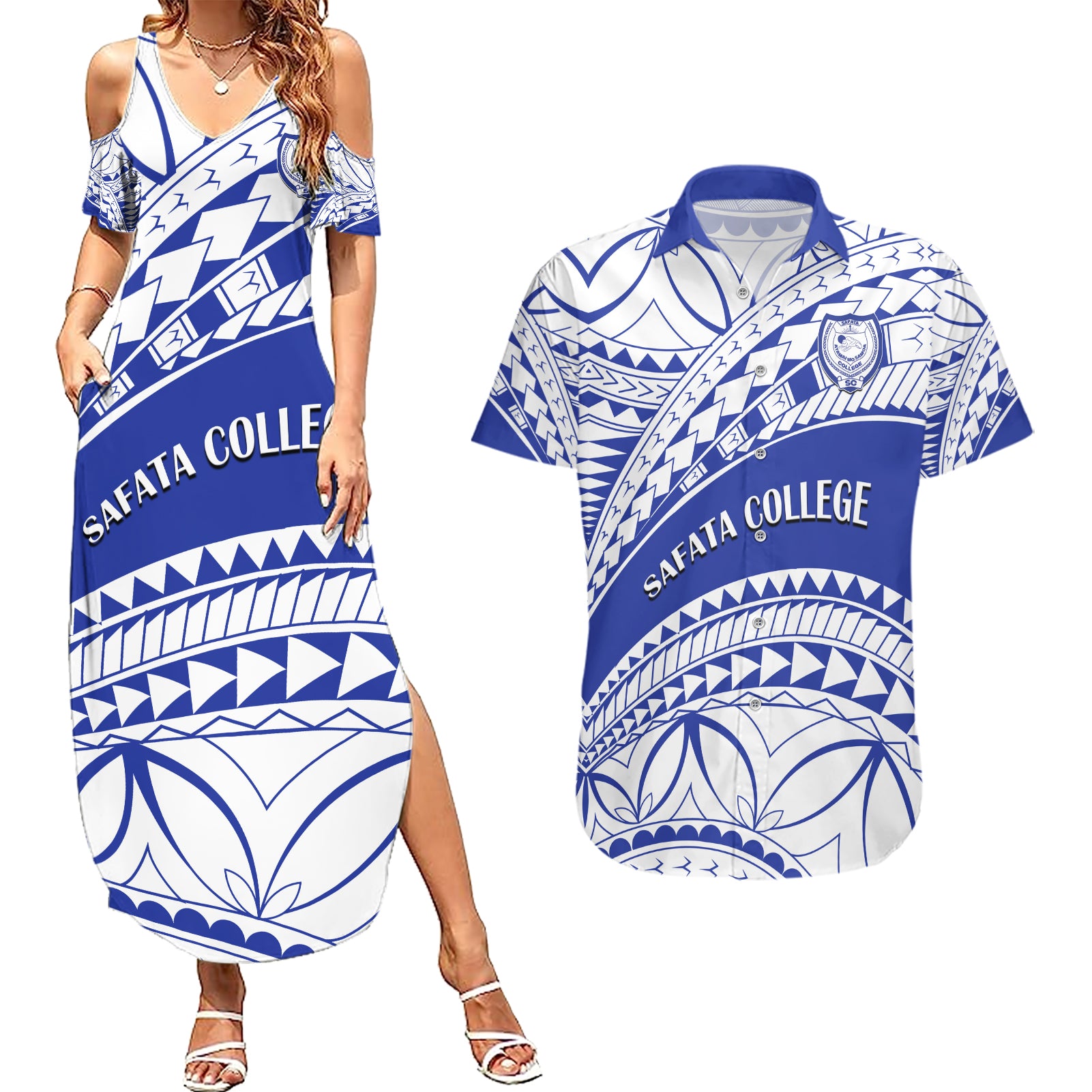 Personalised Samoa Safata College Couples Matching Summer Maxi Dress and Hawaiian Shirt Samoan Pattern LT14 Blue - Polynesian Pride