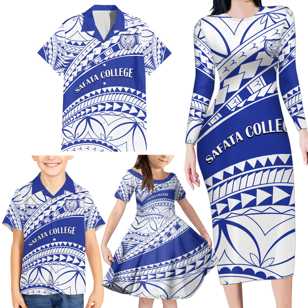 Personalised Samoa Safata College Family Matching Long Sleeve Bodycon Dress and Hawaiian Shirt Samoan Pattern LT14 - Polynesian Pride