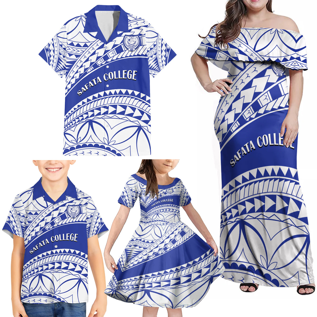 Personalised Samoa Safata College Family Matching Off Shoulder Maxi Dress and Hawaiian Shirt Samoan Pattern LT14 - Polynesian Pride