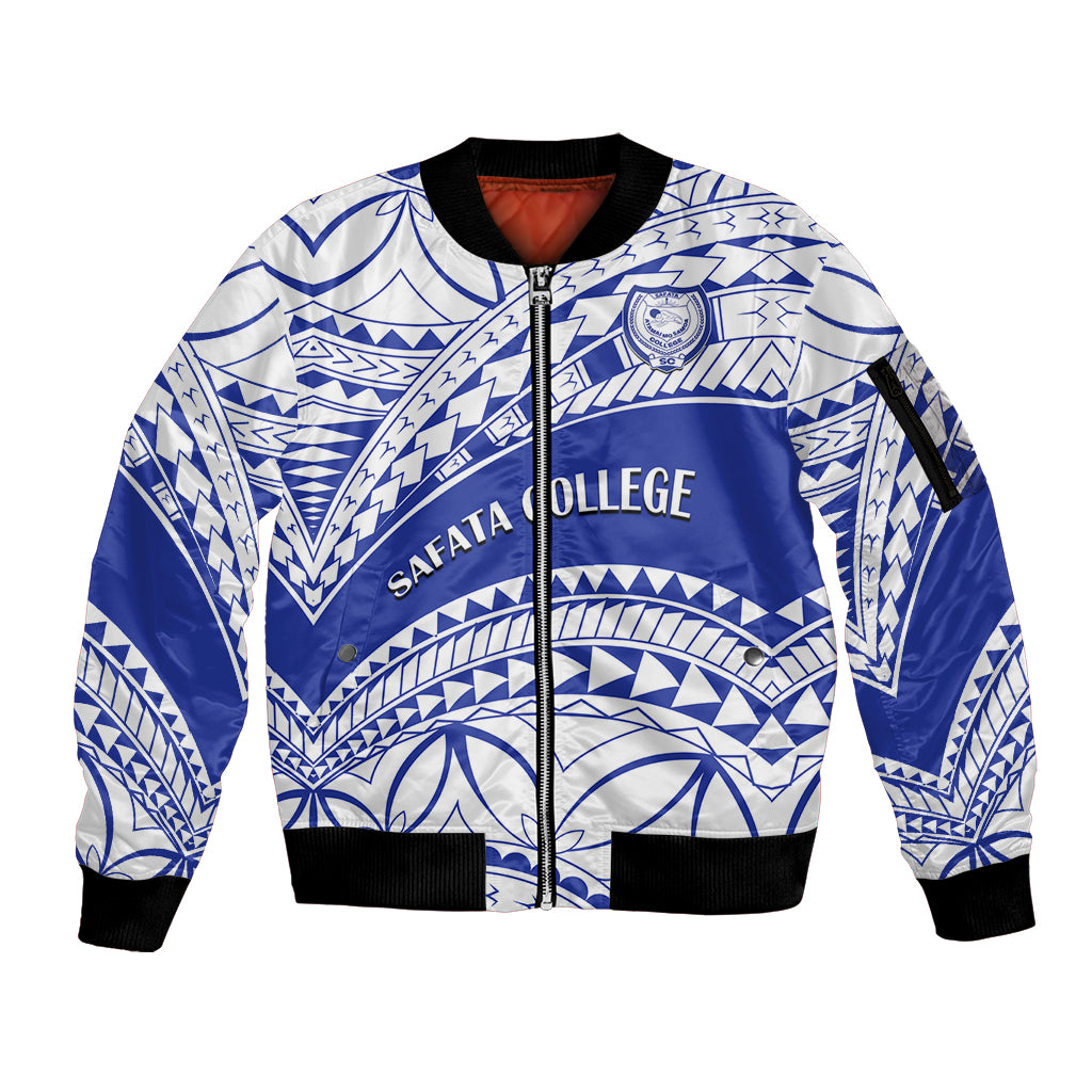 Personalised Samoa Safata College Sleeve Zip Bomber Jacket Samoan Pattern LT14 Unisex Blue - Polynesian Pride
