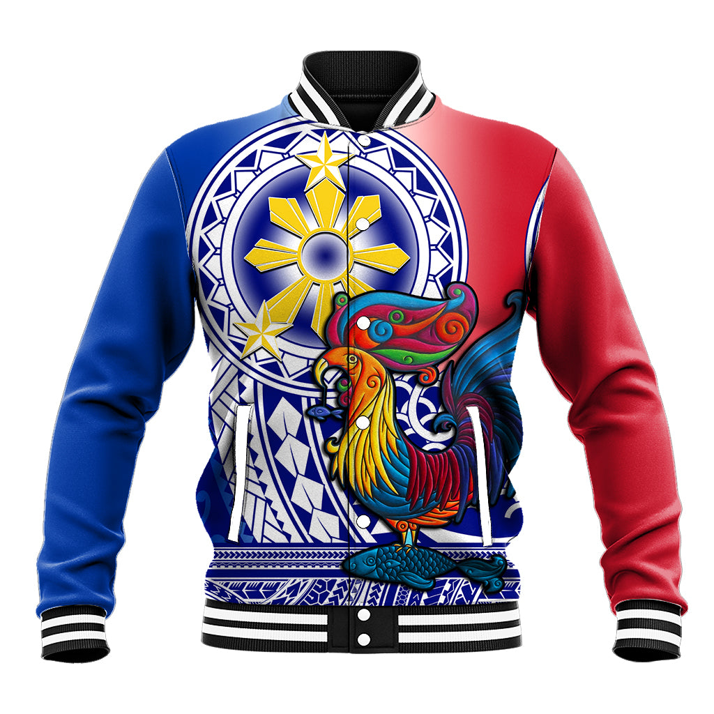 Personalised Philippines Baseball Jacket Filipino Sarimanok With Polynesian Tattoo LT14 Unisex Blue - Polynesian Pride