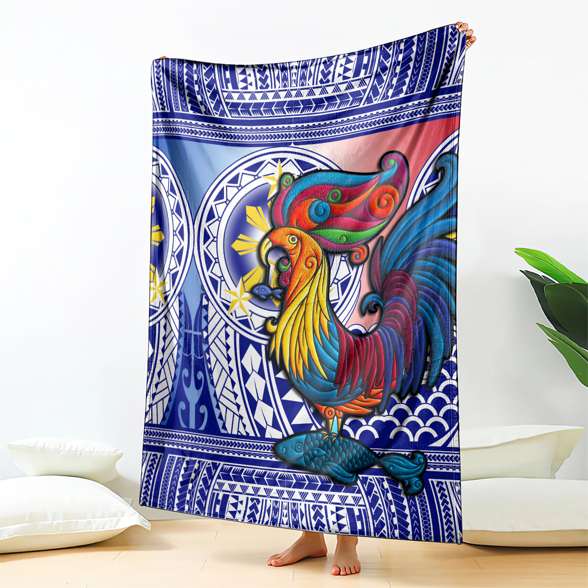 Philippines Blanket Filipino Sarimanok With Polynesian Tattoo LT14 Blue - Polynesian Pride