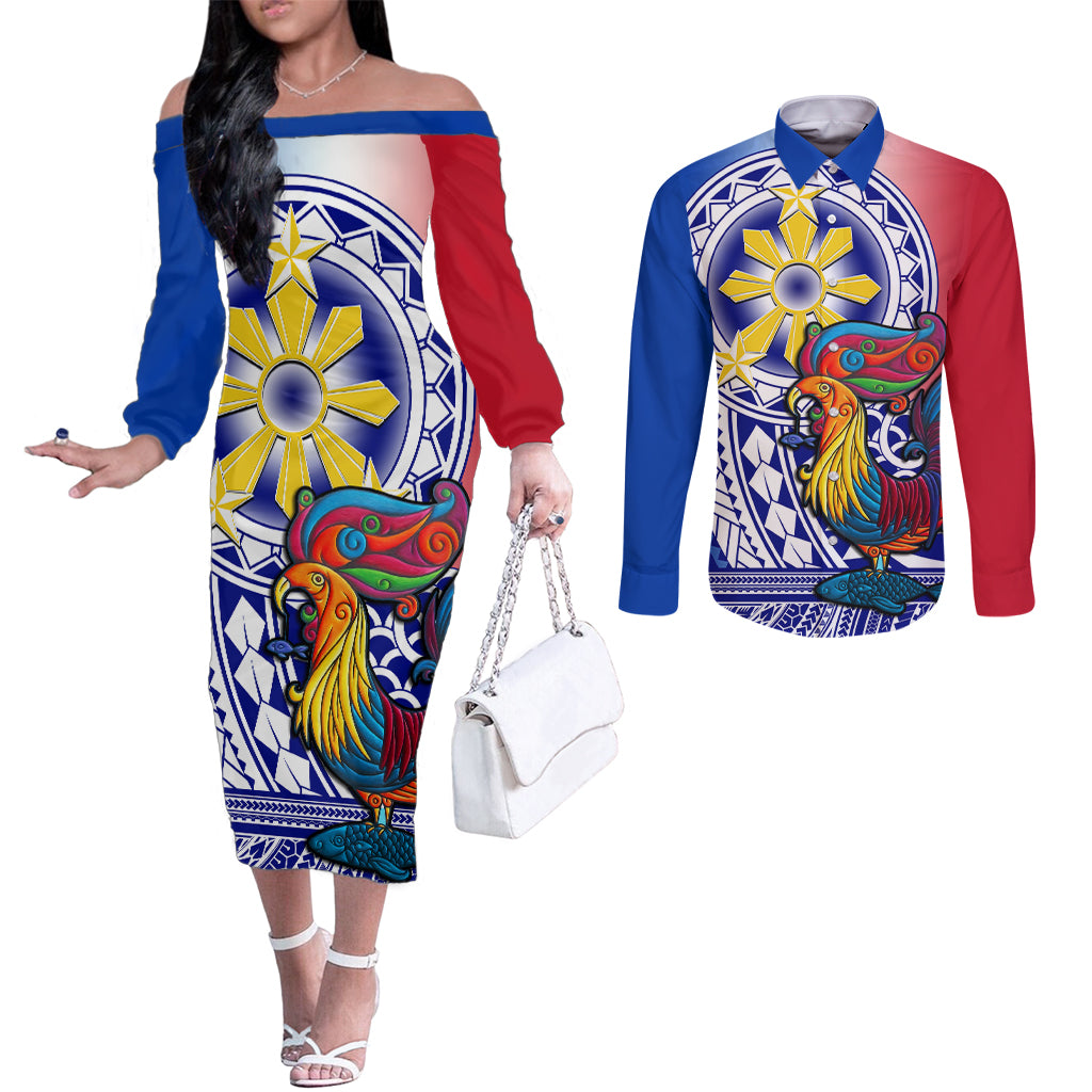 Personalised Philippines Couples Matching Off The Shoulder Long Sleeve Dress and Long Sleeve Button Shirt Filipino Sarimanok With Polynesian Tattoo LT14 Blue - Polynesian Pride