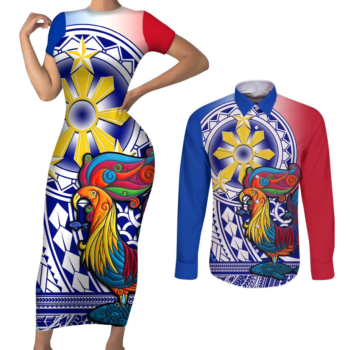 Personalised Philippines Couples Matching Short Sleeve Bodycon Dress and Long Sleeve Button Shirt Filipino Sarimanok With Polynesian Tattoo LT14 Blue - Polynesian Pride