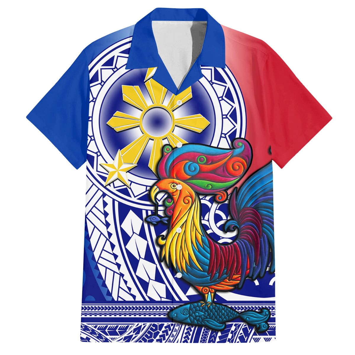 Personalised Philippines Family Matching Long Sleeve Bodycon Dress and Hawaiian Shirt Filipino Sarimanok With Polynesian Tattoo LT14 Dad's Shirt - Short Sleeve Blue - Polynesian Pride