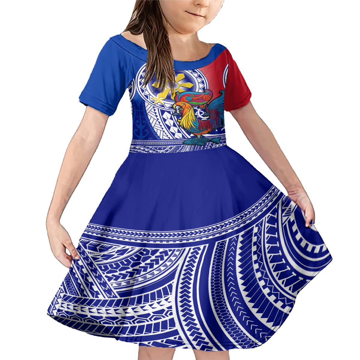 Personalised Philippines Family Matching Mermaid Dress and Hawaiian Shirt Filipino Sarimanok With Polynesian Tattoo LT14 Daughter's Dress Blue - Polynesian Pride