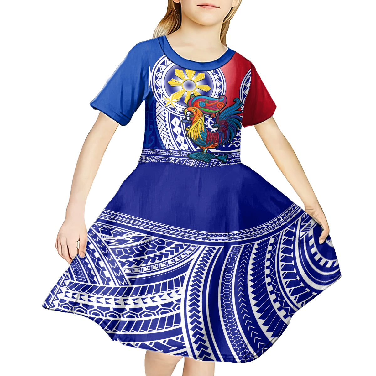 Personalised Philippines Kid Short Sleeve Dress Filipino Sarimanok With Polynesian Tattoo LT14 - Polynesian Pride