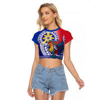 Personalised Philippines Raglan Cropped T Shirt Filipino Sarimanok With Polynesian Tattoo LT14 Female Blue - Polynesian Pride