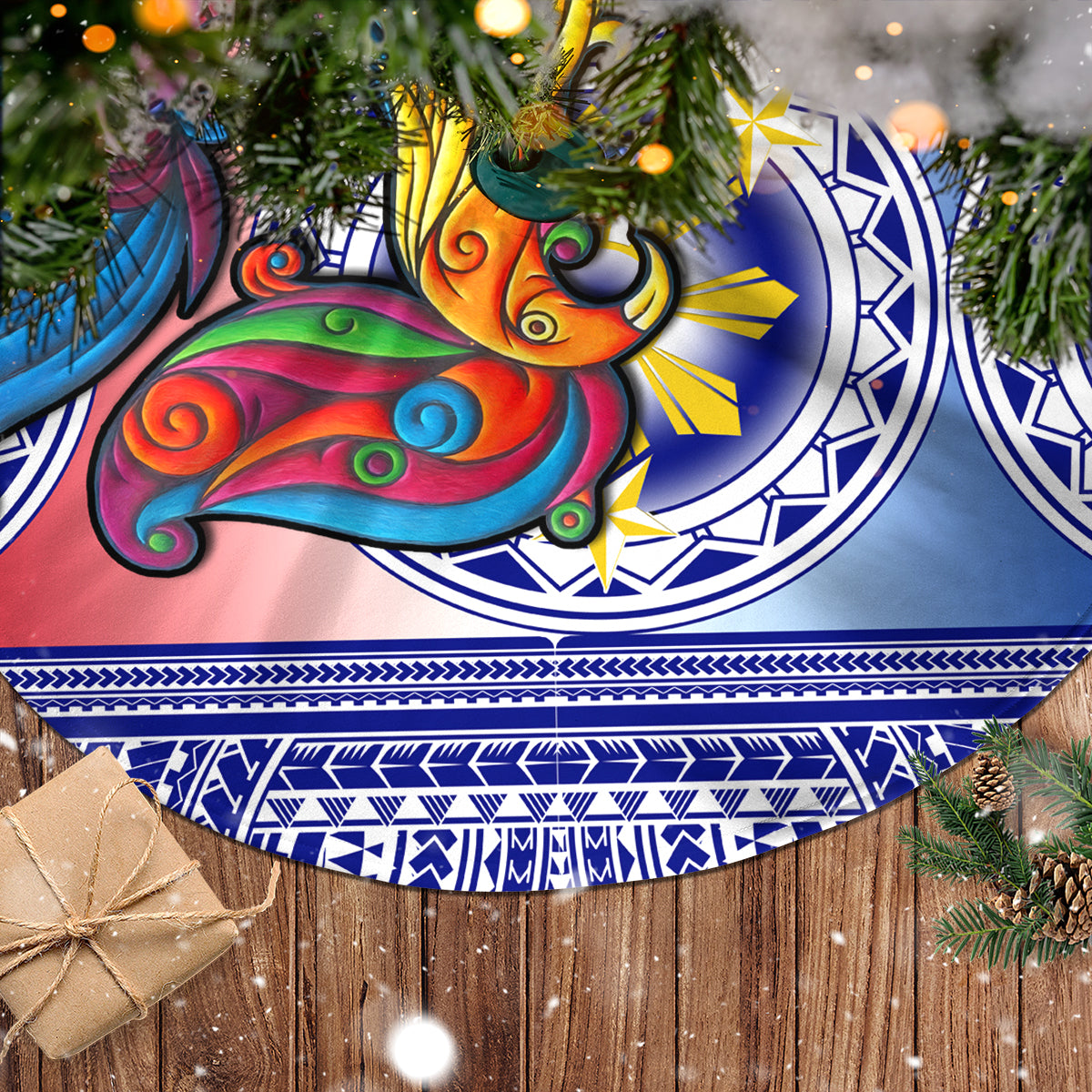 Personalised Philippines Tree Skirt Filipino Sarimanok With Polynesian Tattoo LT14 - Polynesian Pride