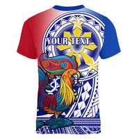 Personalised Philippines Women V Neck T Shirt Filipino Sarimanok With Polynesian Tattoo LT14 - Polynesian Pride