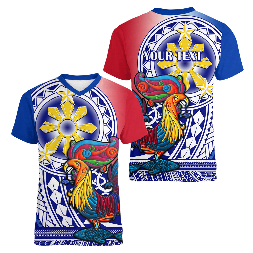 Personalised Philippines Women V Neck T Shirt Filipino Sarimanok With Polynesian Tattoo LT14 - Polynesian Pride