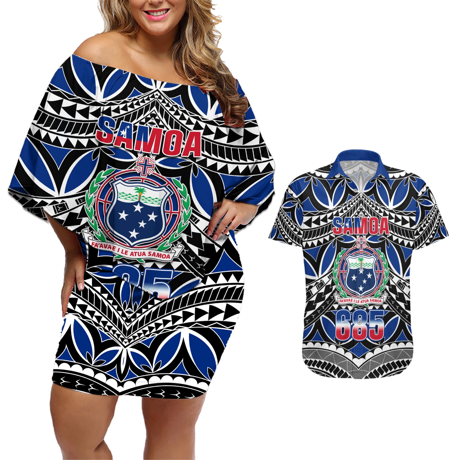 Samoa 685 Couples Matching Off Shoulder Short Dress and Hawaiian Shirt Samoan Coat Of Arms Simple Style LT14 Blue - Polynesian Pride