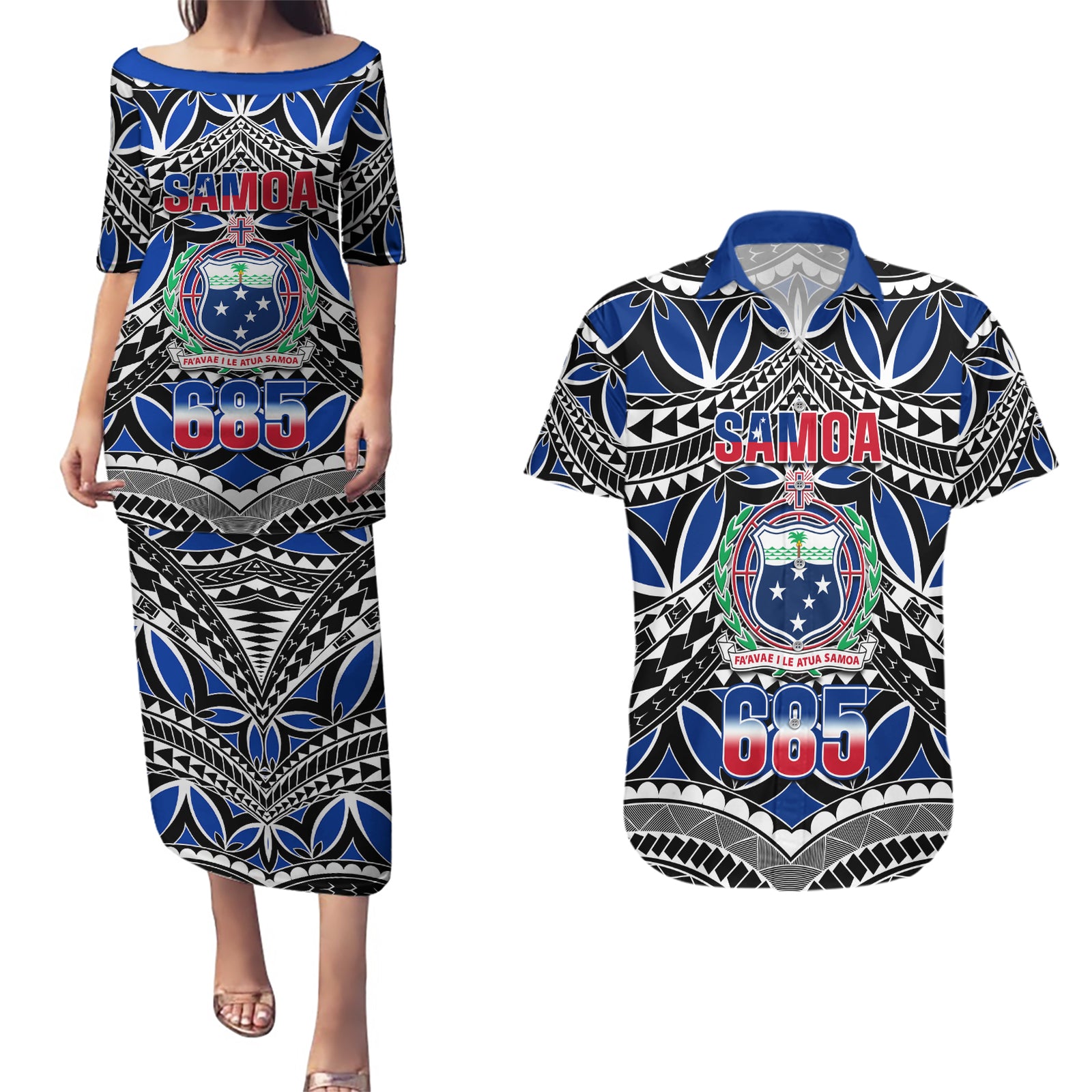 Samoa 685 Couples Matching Puletasi Dress and Hawaiian Shirt Samoan Coat Of Arms Simple Style LT14 Blue - Polynesian Pride