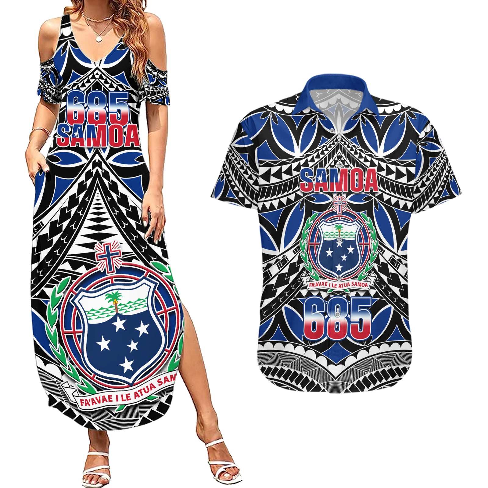 Samoa 685 Couples Matching Summer Maxi Dress and Hawaiian Shirt Samoan Coat Of Arms Simple Style LT14 Blue - Polynesian Pride