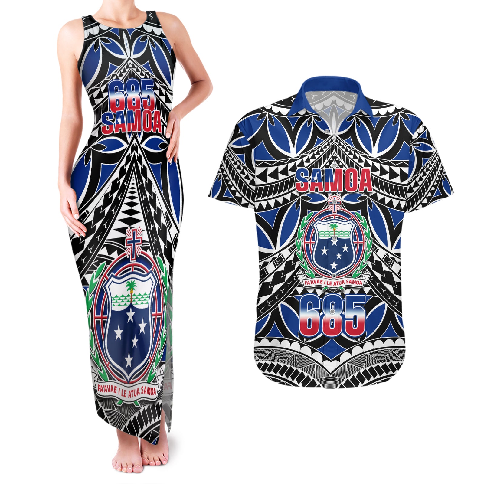 Samoa 685 Couples Matching Tank Maxi Dress and Hawaiian Shirt Samoan Coat Of Arms Simple Style LT14 Blue - Polynesian Pride