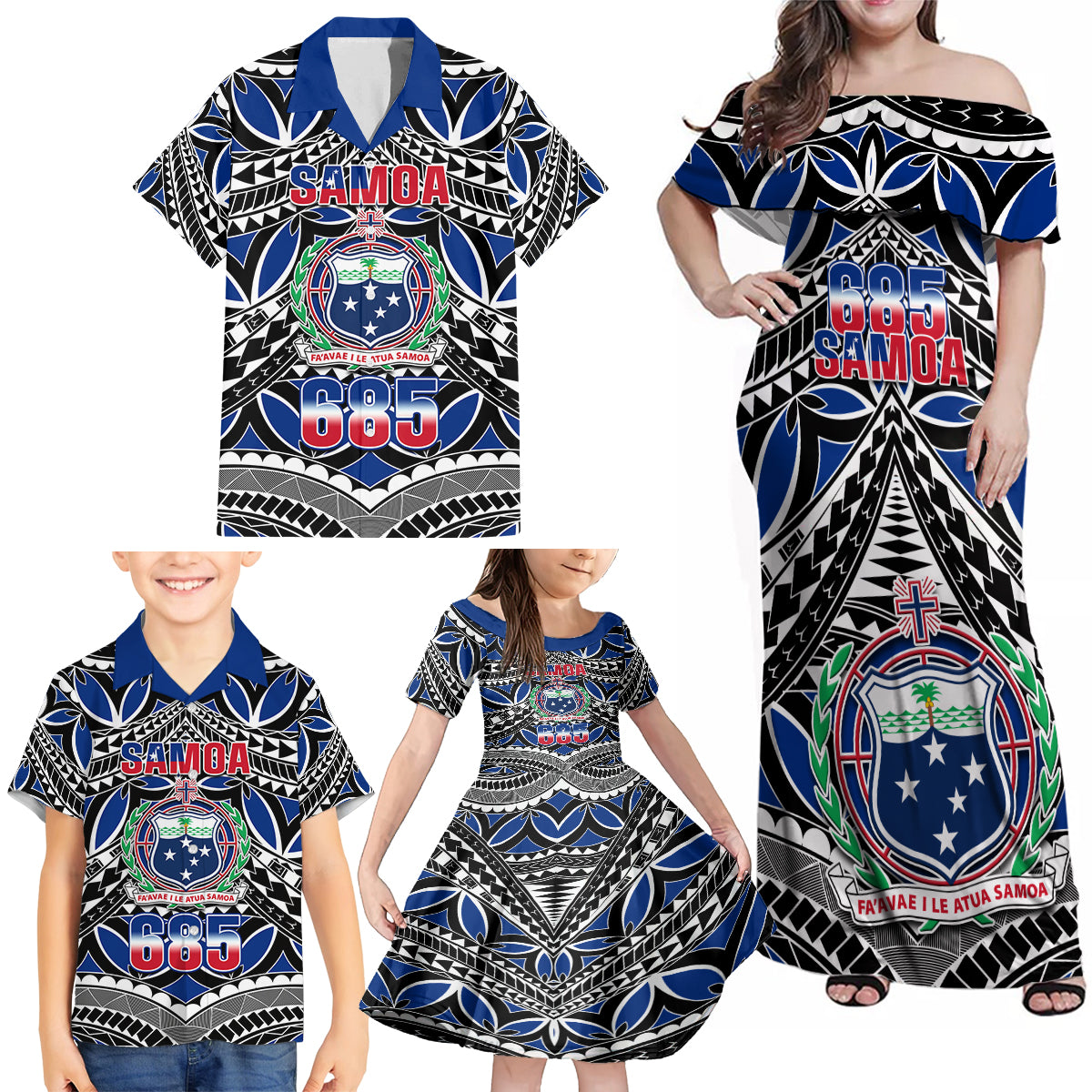 Samoa 685 Family Matching Off Shoulder Maxi Dress and Hawaiian Shirt Samoan Coat Of Arms Simple Style LT14 - Polynesian Pride