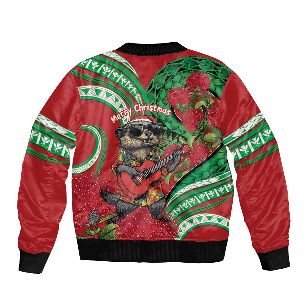 Mele Kalikimaka Hawaii Bomber Jacket Mongoose Santa With Ohia Lehua