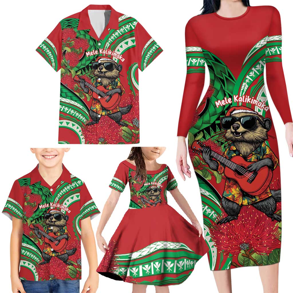 Mele Kalikimaka Hawaii Family Matching Long Sleeve Bodycon Dress and Hawaiian Shirt Mongoose Santa With Ohia Lehua LT14 - Polynesian Pride
