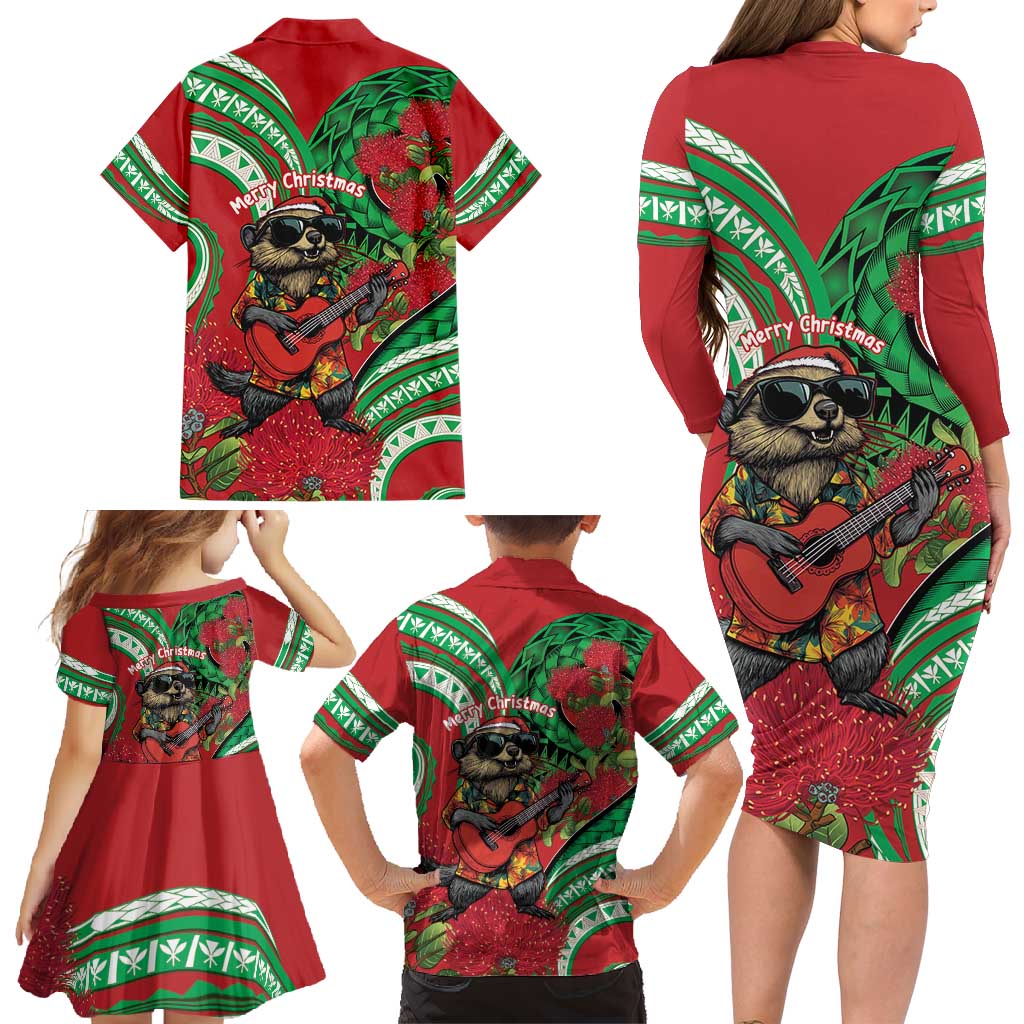 Mele Kalikimaka Hawaii Family Matching Long Sleeve Bodycon Dress and Hawaiian Shirt Mongoose Santa With Ohia Lehua LT14 - Polynesian Pride