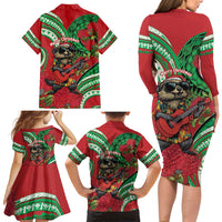 Mele Kalikimaka Hawaii Family Matching Long Sleeve Bodycon Dress and Hawaiian Shirt Mongoose Santa With Ohia Lehua LT14 - Polynesian Pride