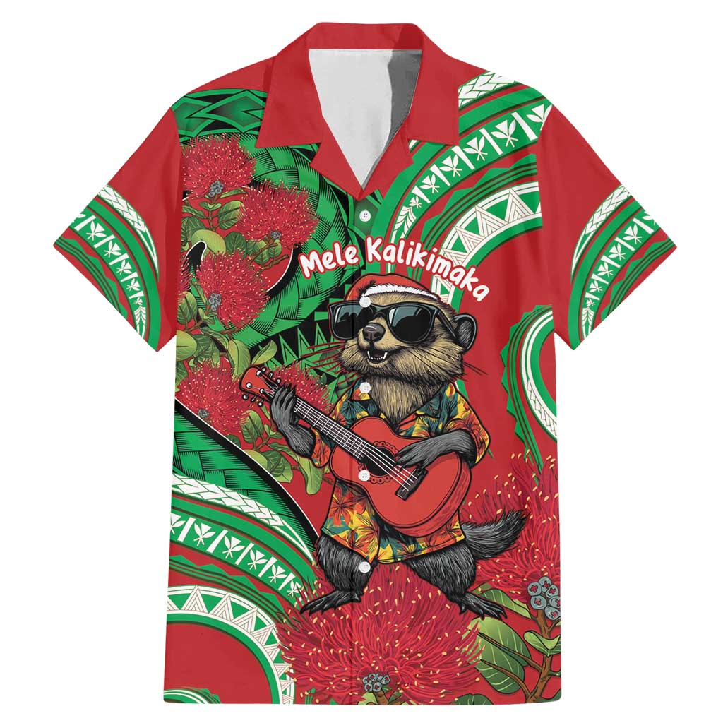 Mele Kalikimaka Hawaii Family Matching Mermaid Dress and Hawaiian Shirt Mongoose Santa With Ohia Lehua LT14 Dad's Shirt - Short Sleeve Red - Polynesian Pride