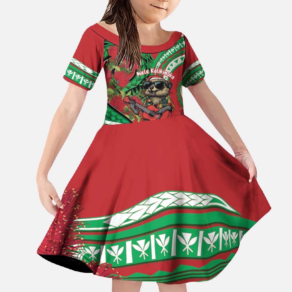 Mele Kalikimaka Hawaii Family Matching Off Shoulder Maxi Dress and Hawaiian Shirt Mongoose Santa With Ohia Lehua LT14 Daughter's Dress Red - Polynesian Pride
