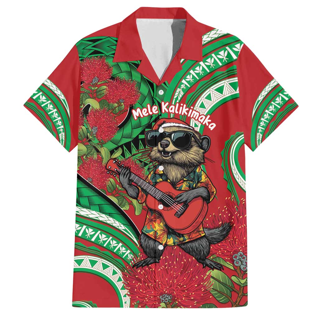 Mele Kalikimaka Hawaii Family Matching Off Shoulder Maxi Dress and Hawaiian Shirt Mongoose Santa With Ohia Lehua LT14 Dad's Shirt - Short Sleeve Red - Polynesian Pride