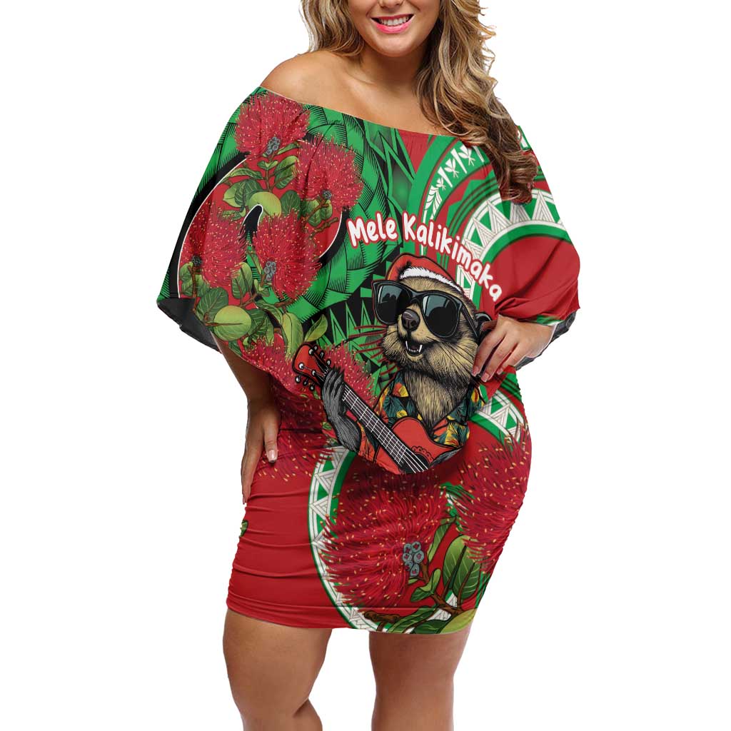 Mele Kalikimaka Hawaii Family Matching Off Shoulder Short Dress and Hawaiian Shirt Mongoose Santa With Ohia Lehua LT14 Mom's Dress Red - Polynesian Pride