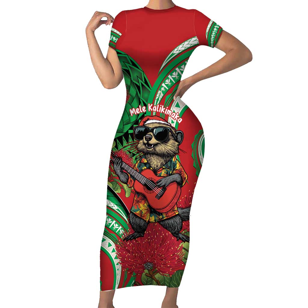 Mele Kalikimaka Hawaii Family Matching Short Sleeve Bodycon Dress and Hawaiian Shirt Mongoose Santa With Ohia Lehua LT14 Mom's Dress Red - Polynesian Pride
