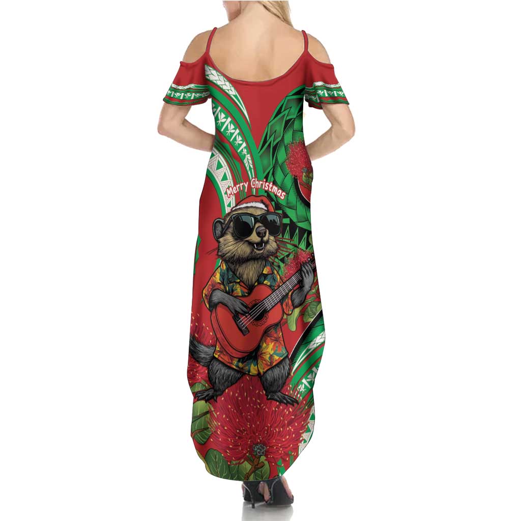 Mele Kalikimaka Hawaii Family Matching Summer Maxi Dress and Hawaiian Shirt Mongoose Santa With Ohia Lehua LT14 - Polynesian Pride