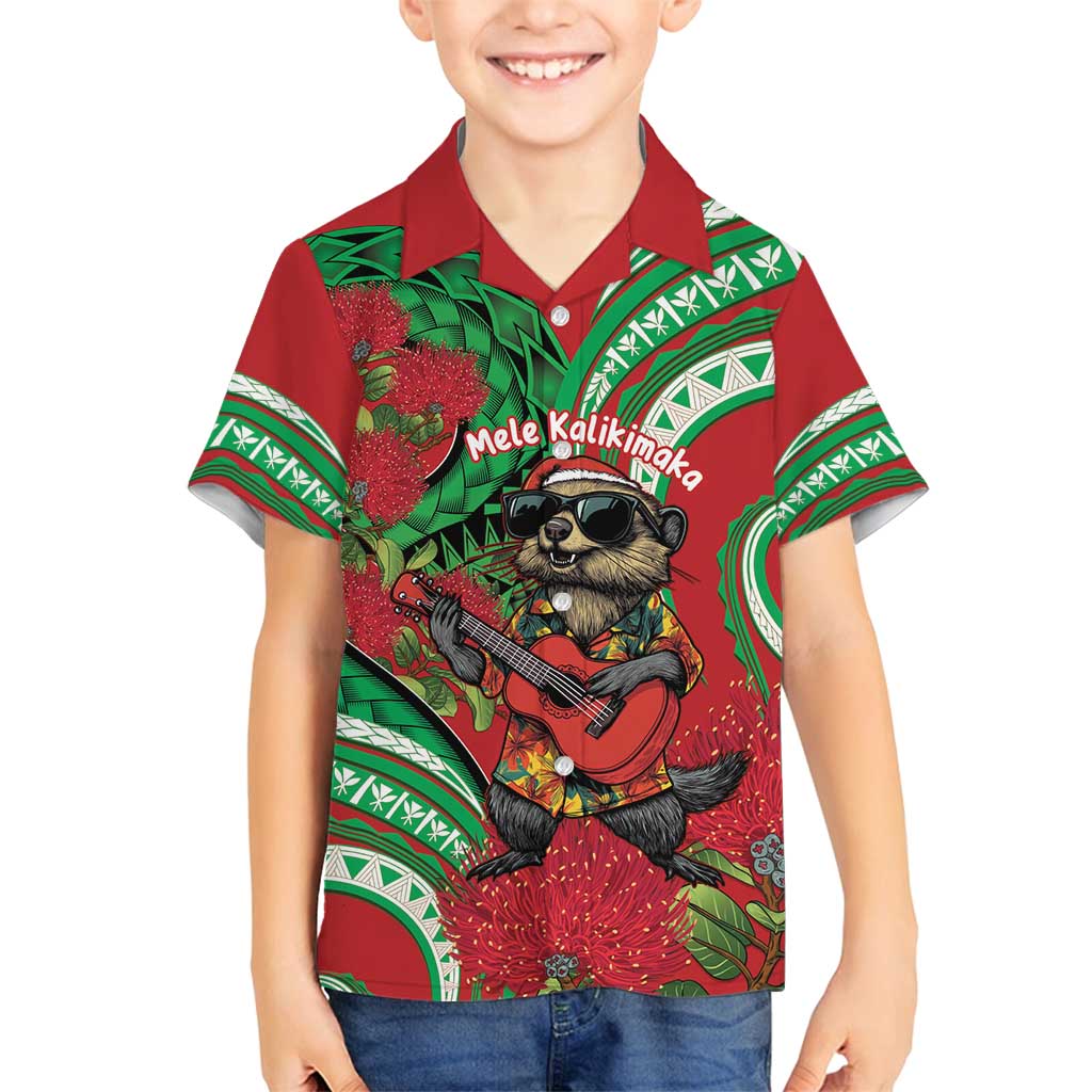 Mele Kalikimaka Hawaii Family Matching Summer Maxi Dress and Hawaiian Shirt Mongoose Santa With Ohia Lehua LT14 Son's Shirt Red - Polynesian Pride