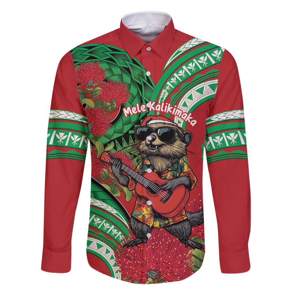 Mele Kalikimaka Hawaii Family Matching Tank Maxi Dress and Hawaiian Shirt Mongoose Santa With Ohia Lehua LT14 Dad's Shirt - Long Sleeve Red - Polynesian Pride