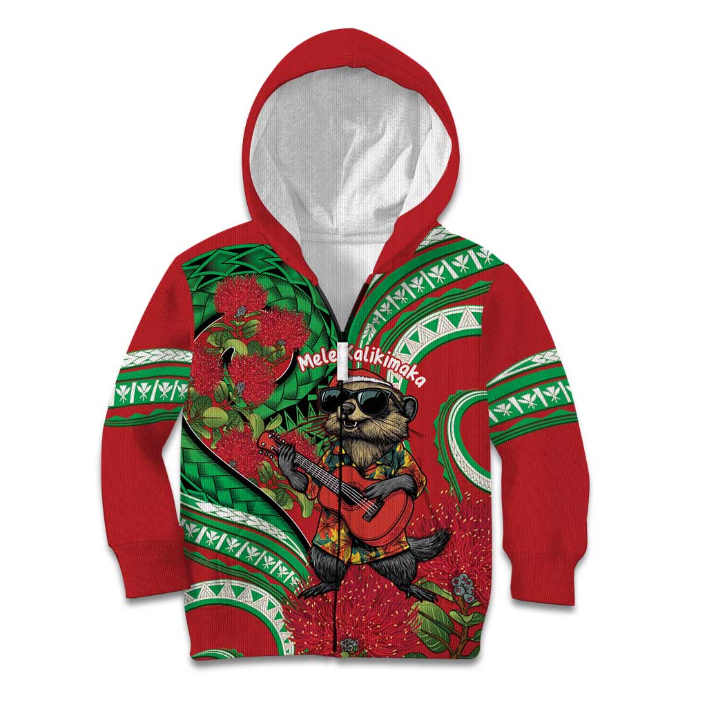 Mele Kalikimaka Hawaii Kid Hoodie Mongoose Santa With Ohia Lehua